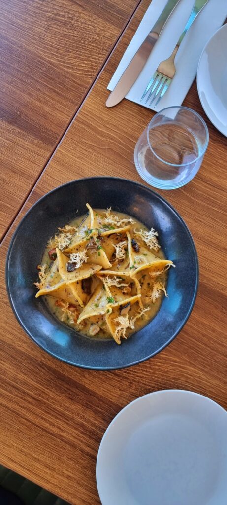 A close-up photo of a delicious pasta dish with tomatoes, basil, and grated cheese, served on a wooden table.