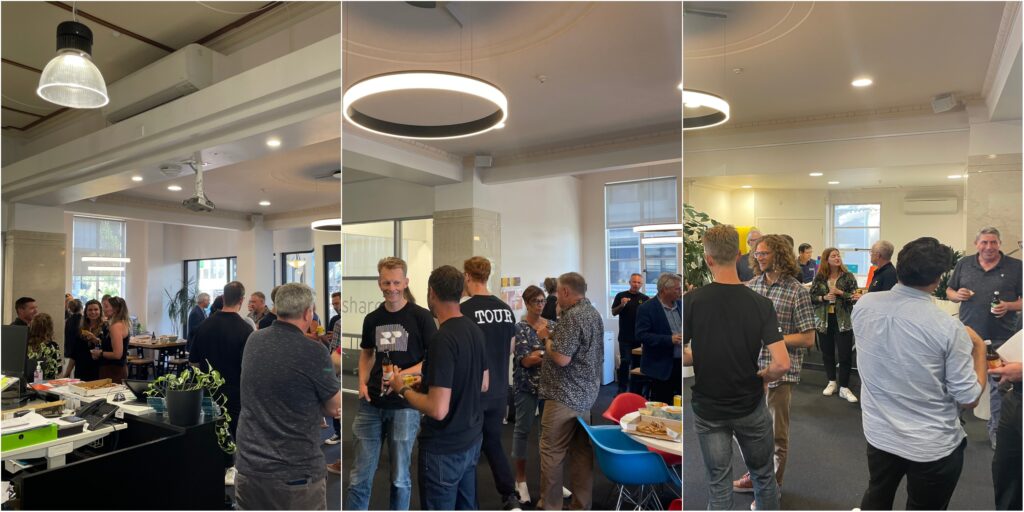 Three photos showing attendees of the Design and Innovation Meetup networking and socializing over food and drinks at the beginning and end of the event.