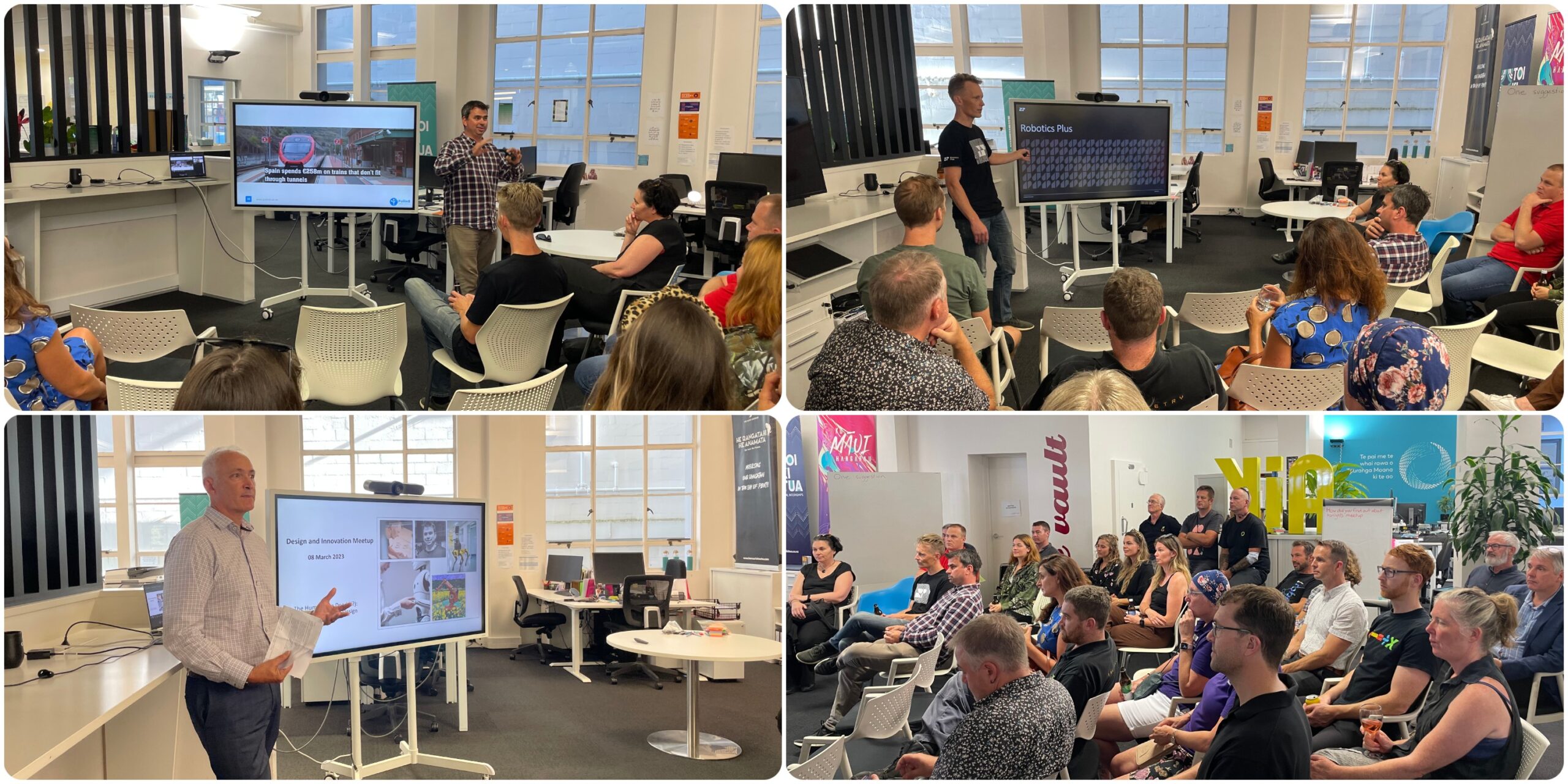 BOP-DI-Meetup-Main Four photos showcasing the Design and Innovation Meetup event, including the two presenters giving presentations on robotics and automation innovation, Priority One's Shane Stuart opening the event, and attendees seated and engaged in listening to the presentations.