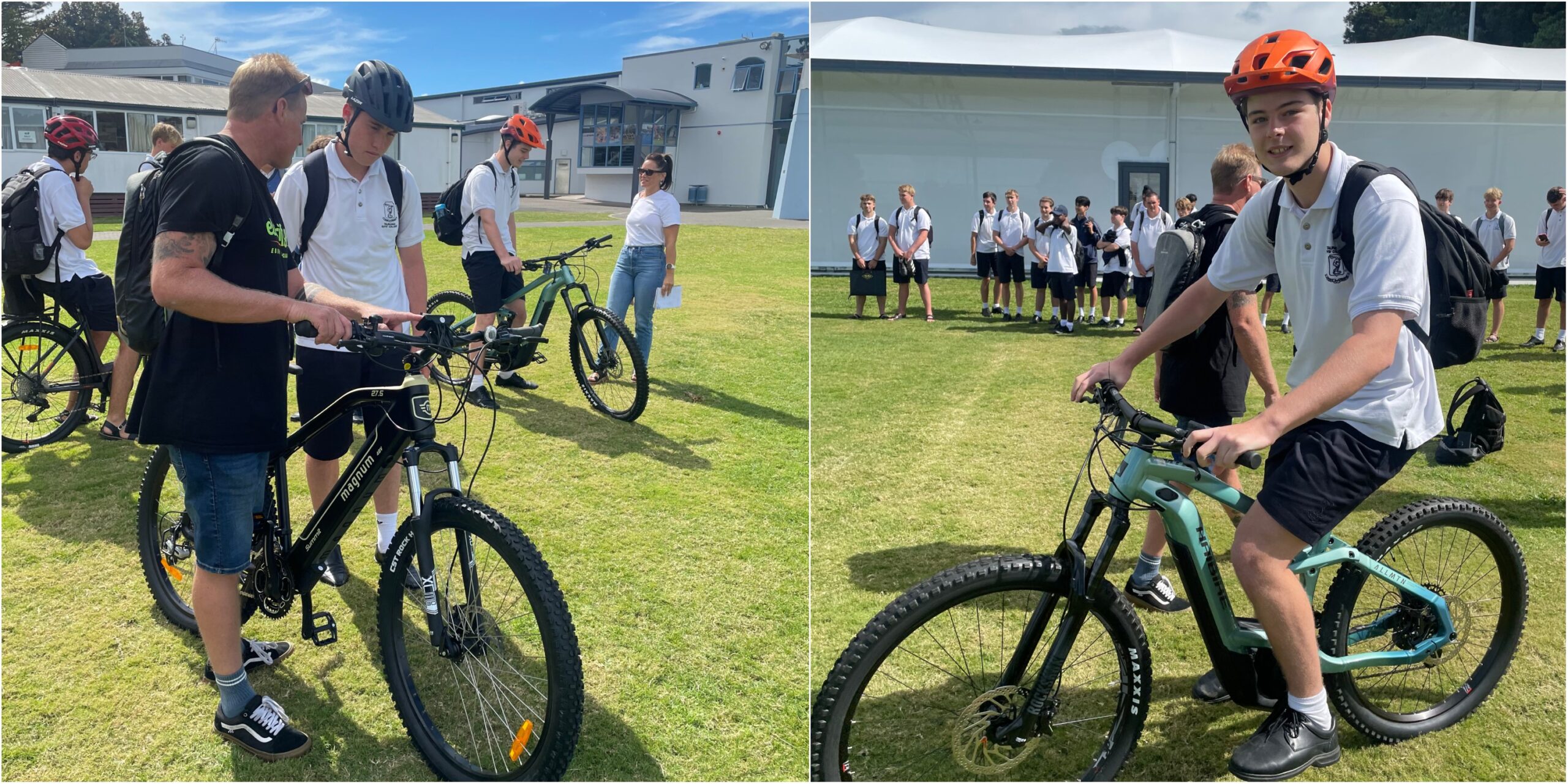 Two photos side by side show students riding electric bikes outside.
