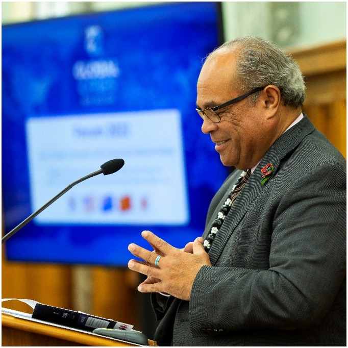Image of Tangi Utikere, MP for Palmerston North, delivering a welcoming speech at the Global Cities New Zealand Forum 2022.