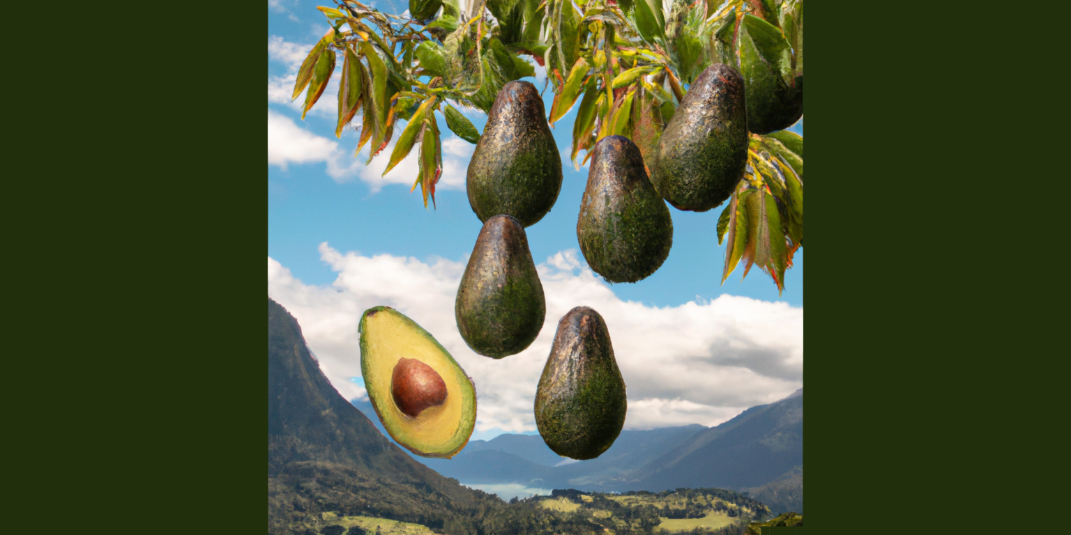 A-photorealistic-image-of-avocados-falling-from-a-tree-behind-a-picture-of-new-zealand