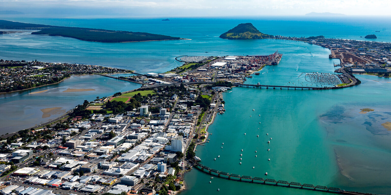 Tauranga CBD and Mount from air 2016